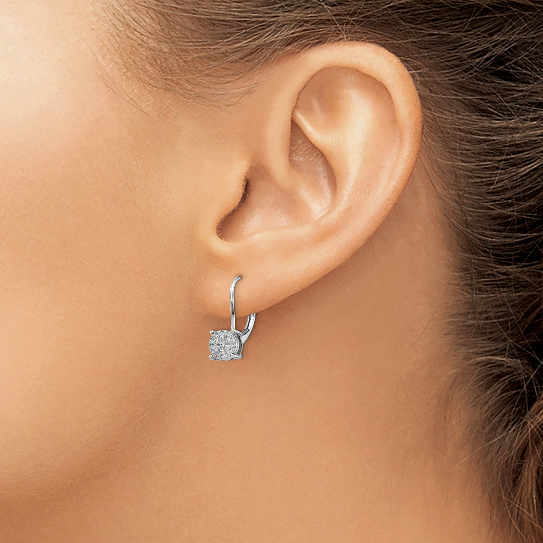 14k White Gold 1/6 CT Diamond Cluster Leverback Earrings