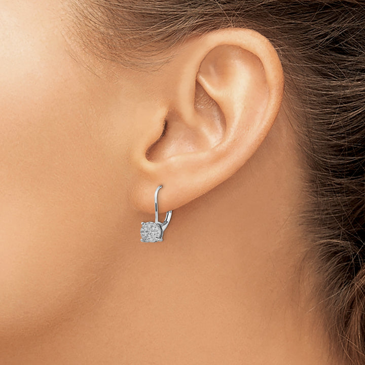14k White Gold 1/6 CT Diamond Cluster Leverback Earrings