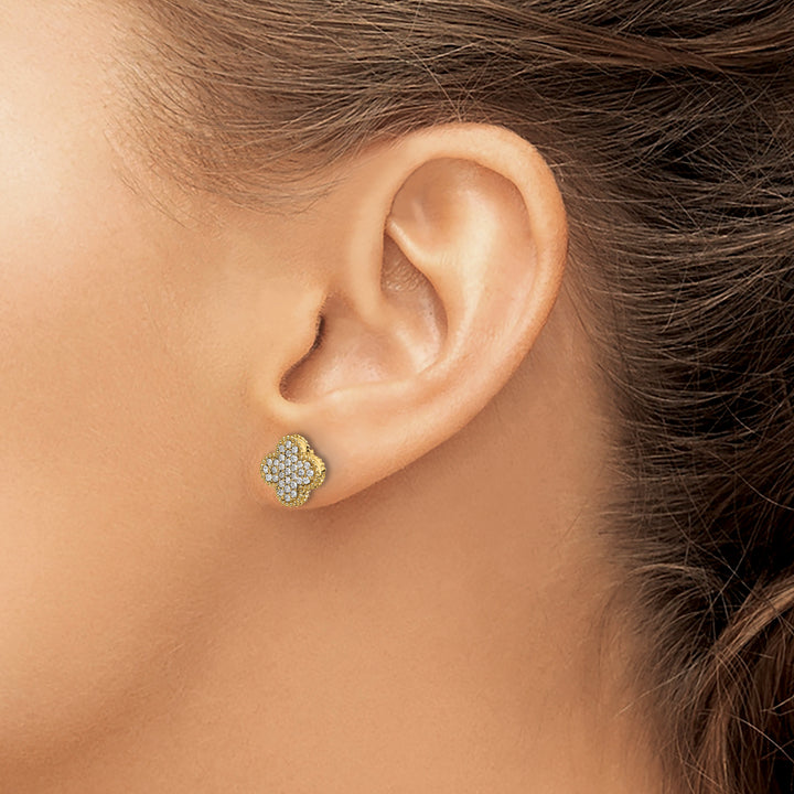 14k Yellow Gold 1/3 CT Pave Diamond Quatrefoil Design Post Earrings