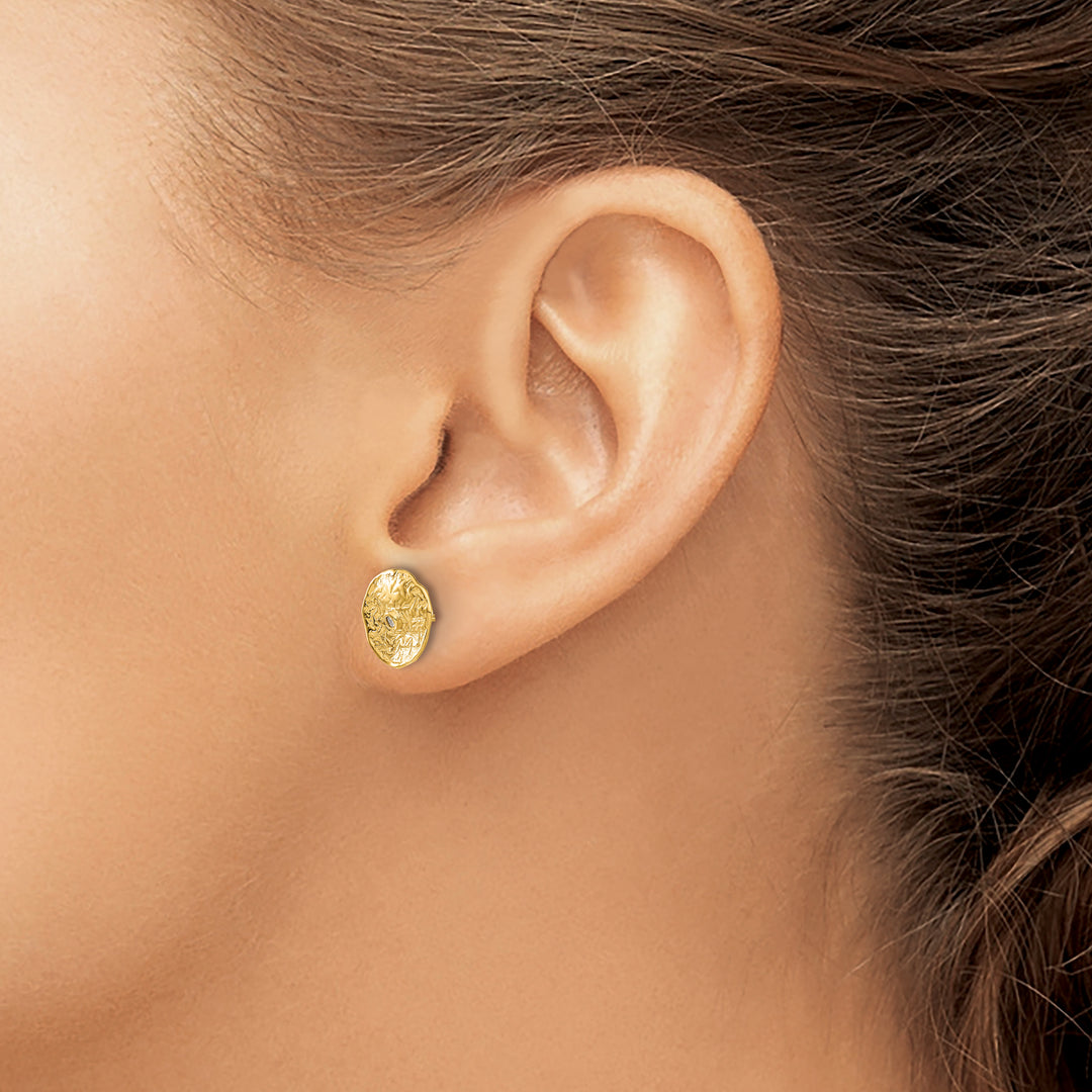 14k Yellow Gold Textured Circle 0.03 CT Diamond Post Earrings