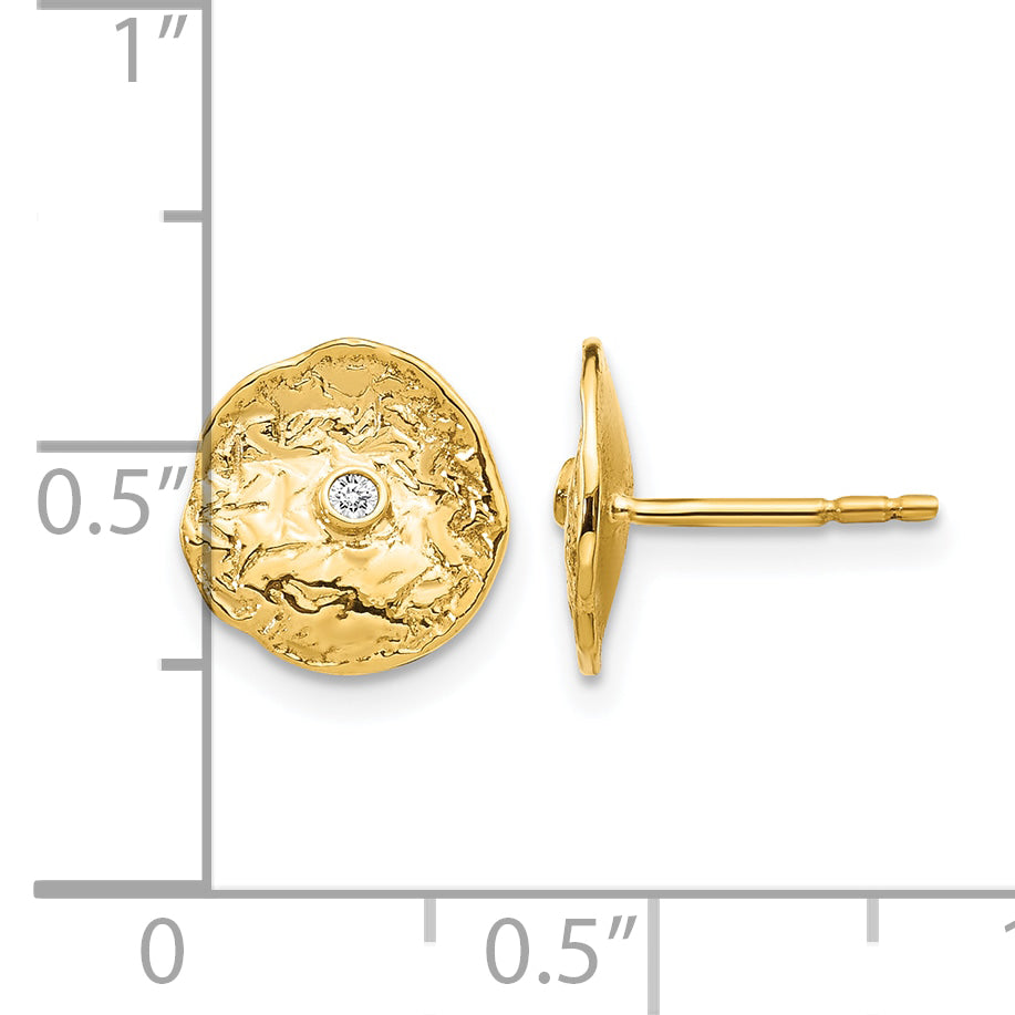 14k Yellow Gold Textured Circle 0.03 CT Diamond Post Earrings