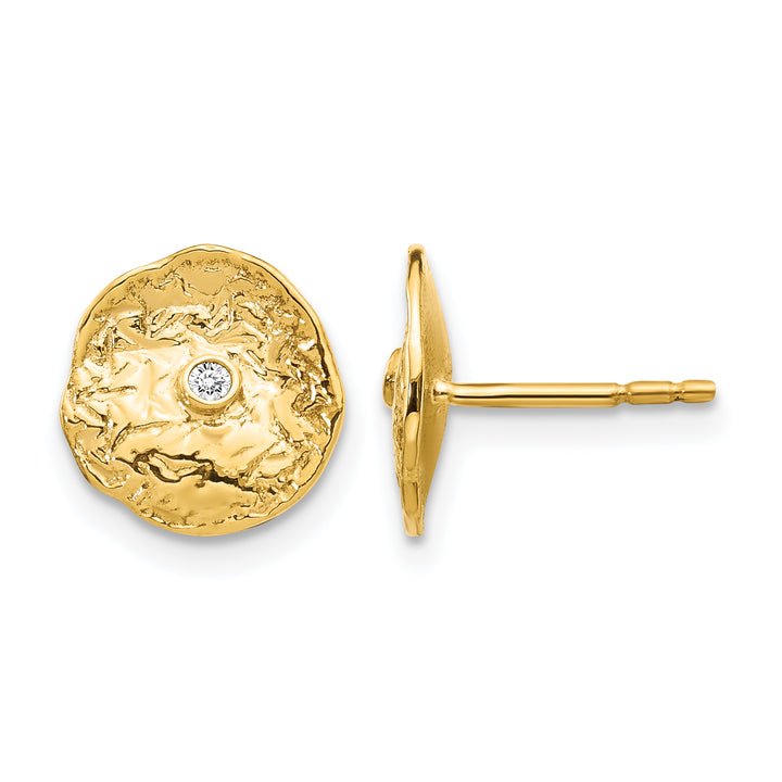 14k Yellow Gold Textured Circle 0.03 CT Diamond Post Earrings