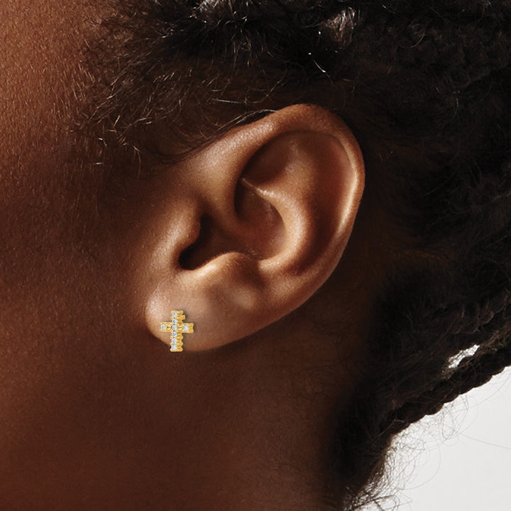 14K Yellow Gold Polished 1/10 carat Diamond Small Cross Post Earrings