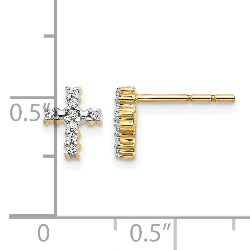 14K Yellow Gold Polished 1/10 carat Diamond Small Cross Post Earrings