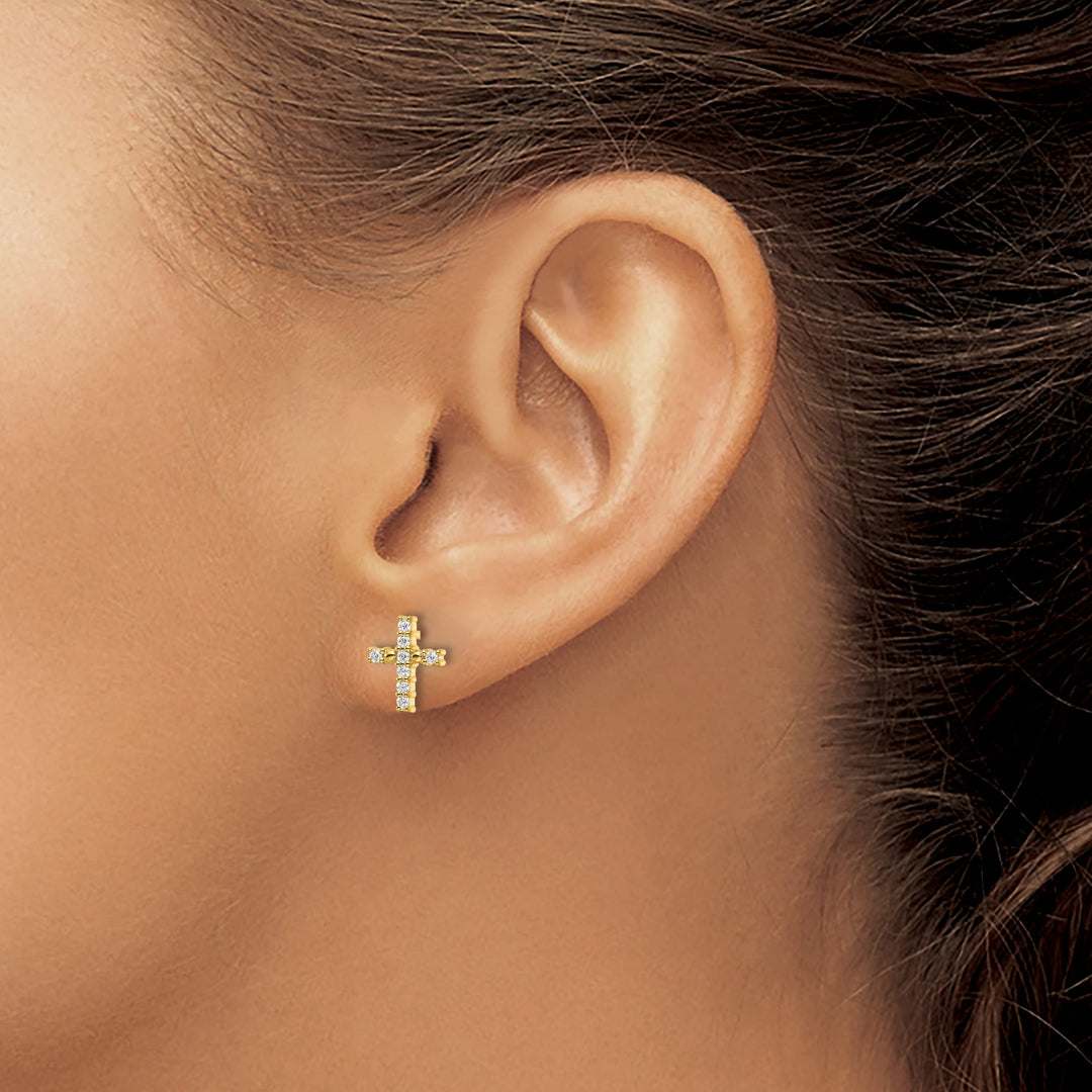 14K Yellow Gold Polished 1/15 carat Diamond Cross Post Earrings