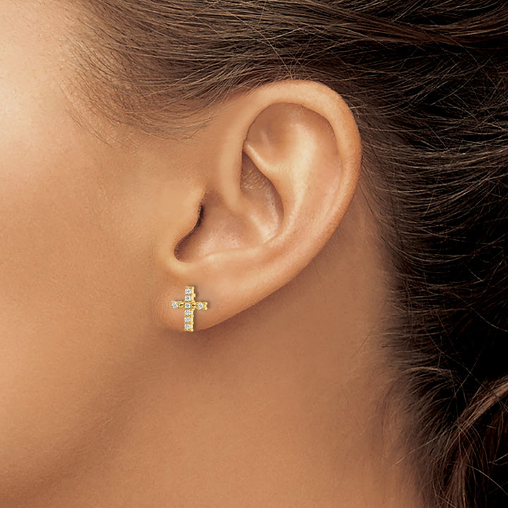 14K Yellow Gold Polished 1/15 carat Diamond Cross Post Earrings