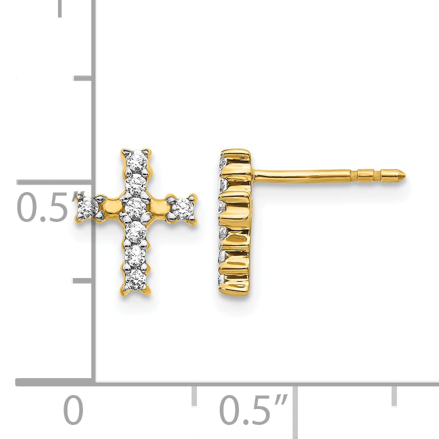 14K Yellow Gold Polished 1/5 carat Diamond Cross Post Earrings