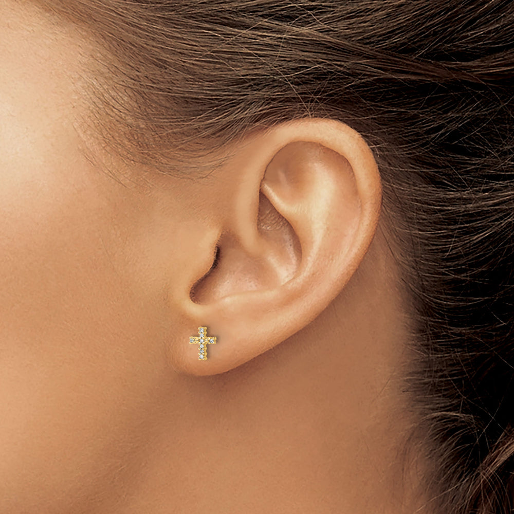 14K Yellow Gold 1/20 carat Diamond Small Cross Post Earrings