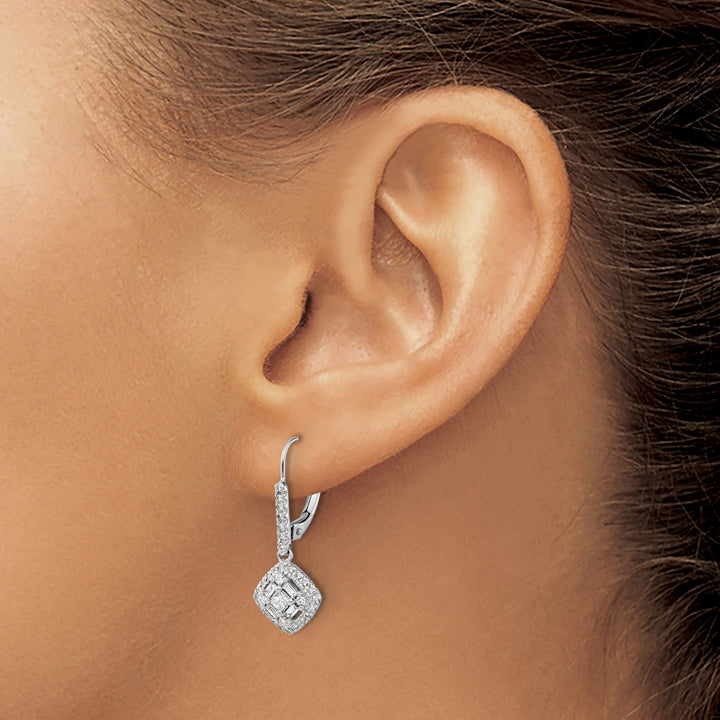14k White Gold 1/2 CT Diamond Square Cluster Leverback Earrings