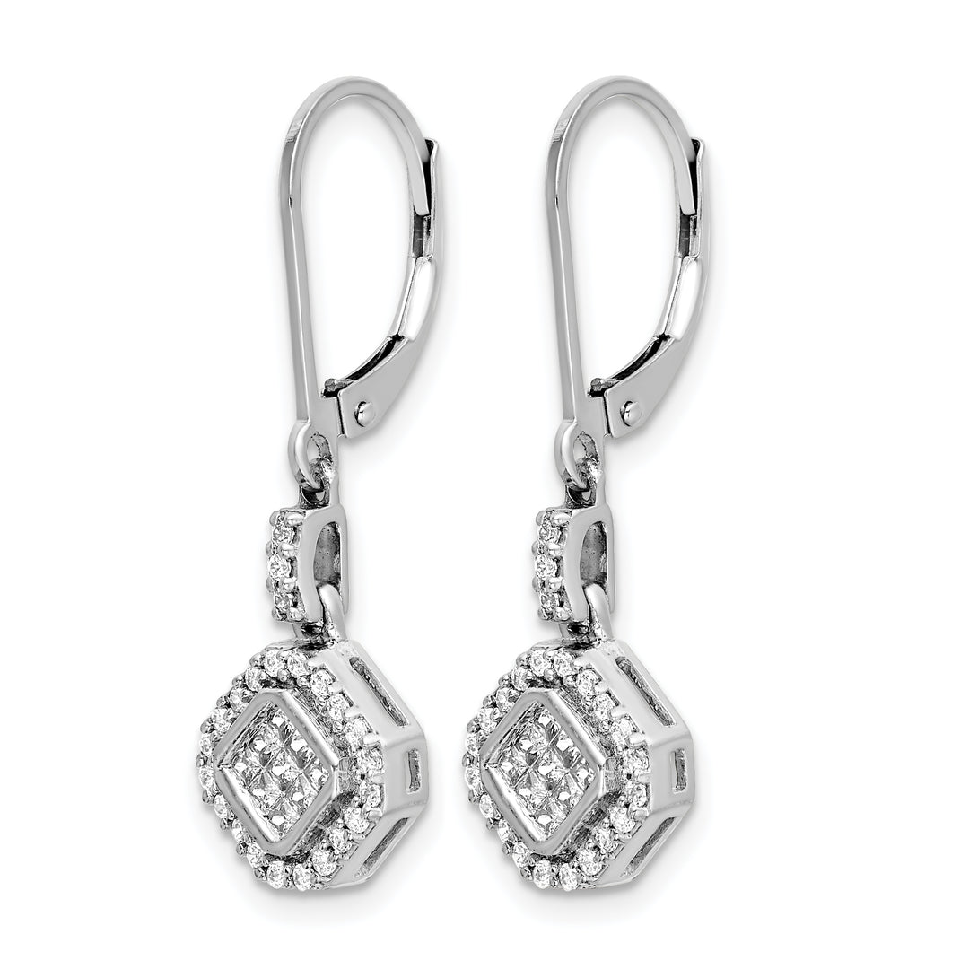 14k White Gold 1/2 CT Diamond Square Clusters Leverback Earrings