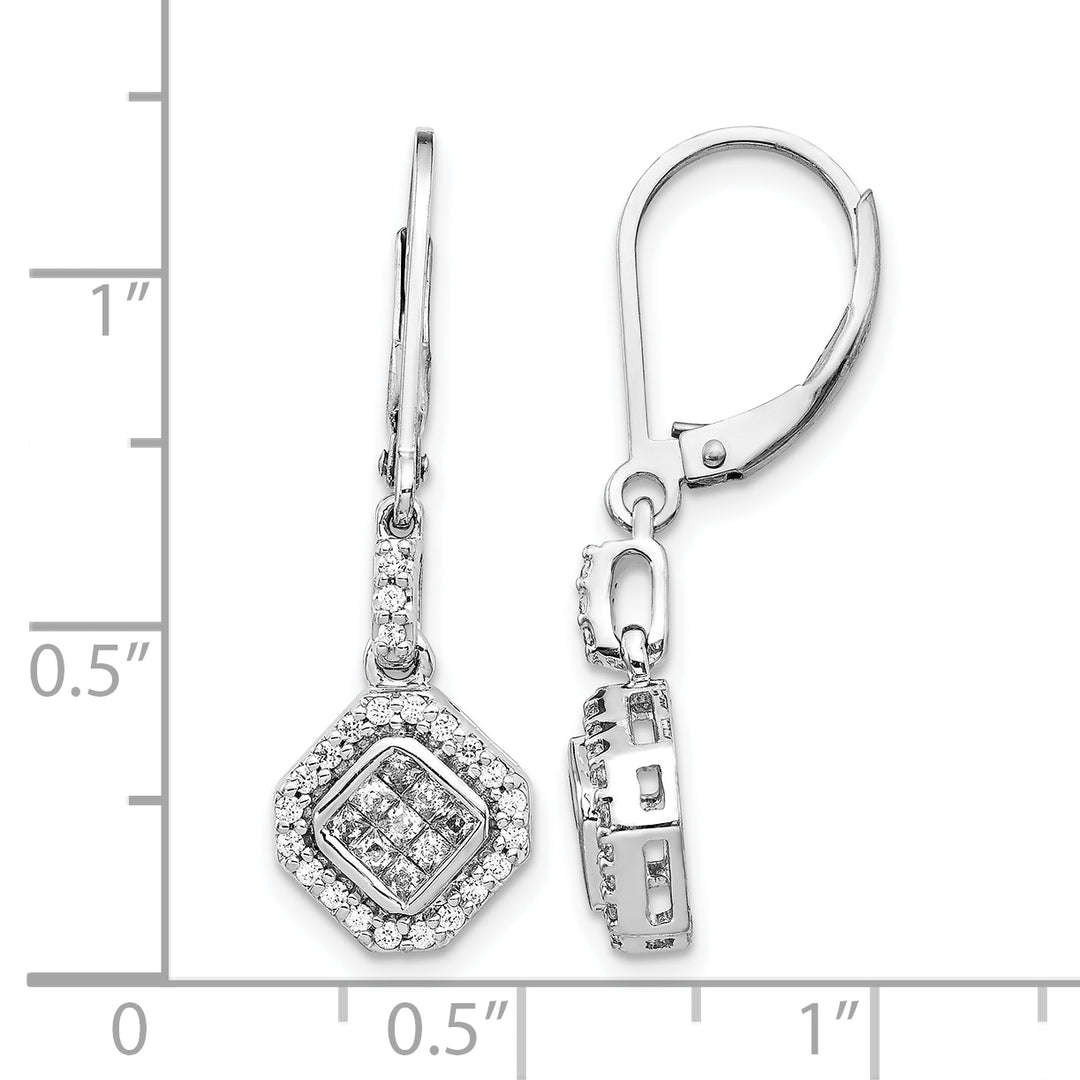 14k White Gold 1/2 CT Diamond Square Clusters Leverback Earrings