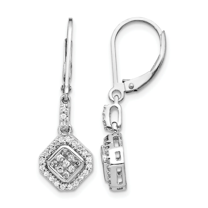 14k White Gold 1/2 CT Diamond Square Clusters Leverback Earrings