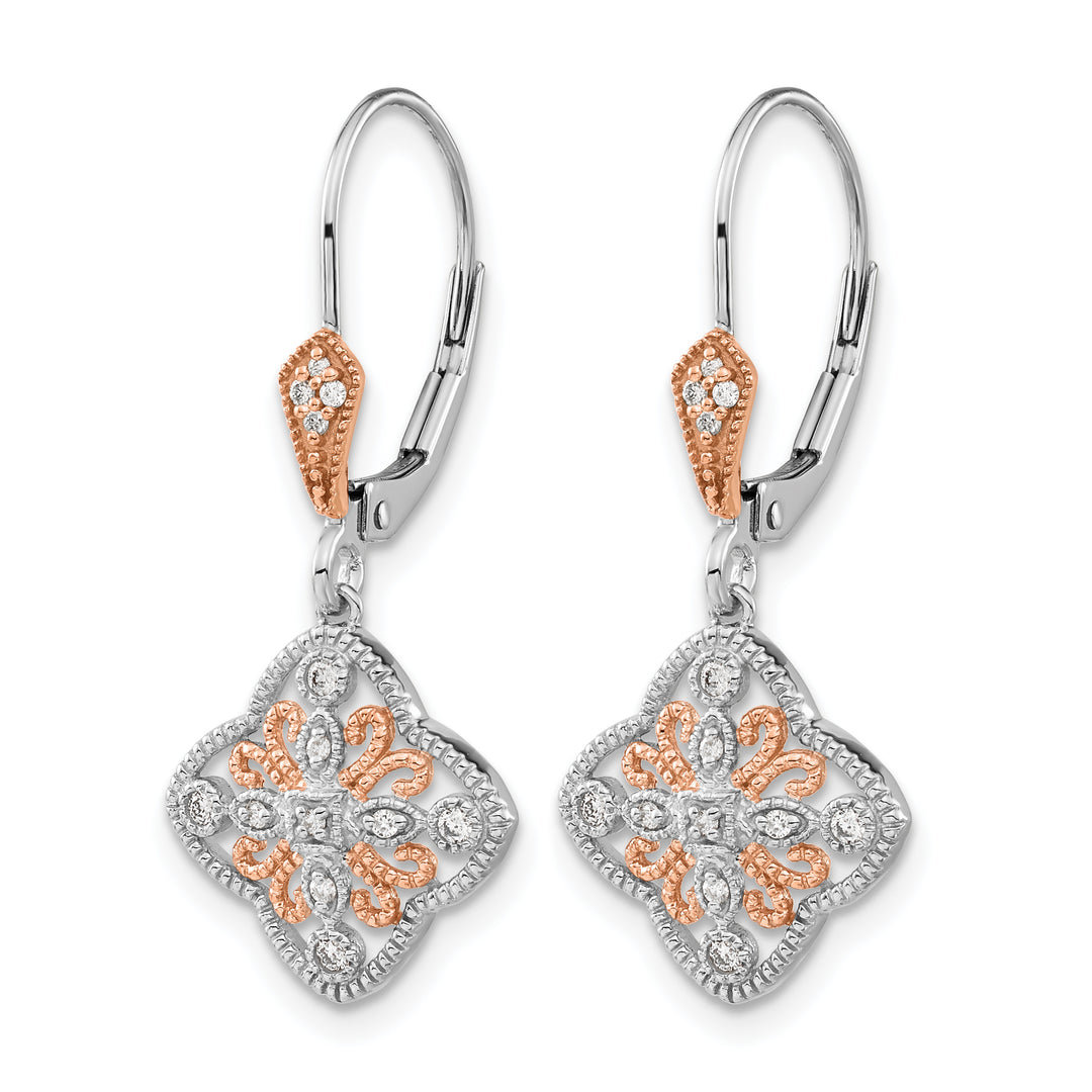 14k White Gold, Rose Rhodium 1/8 CT Diamond Leverback Earrings
