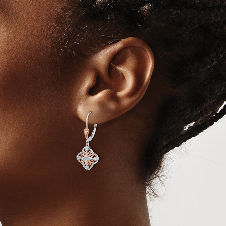 14k White Gold, Rose Rhodium 1/8 CT Diamond Leverback Earrings