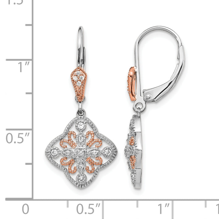14k White Gold, Rose Rhodium 1/8 CT Diamond Leverback Earrings