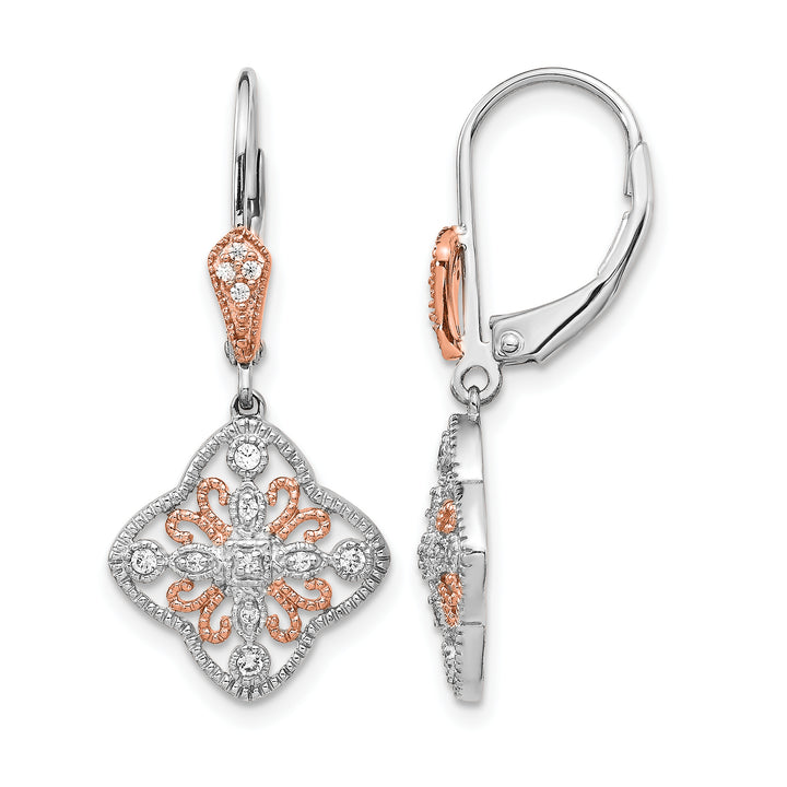 14k White Gold, Rose Rhodium 1/8 CT Diamond Leverback Earrings