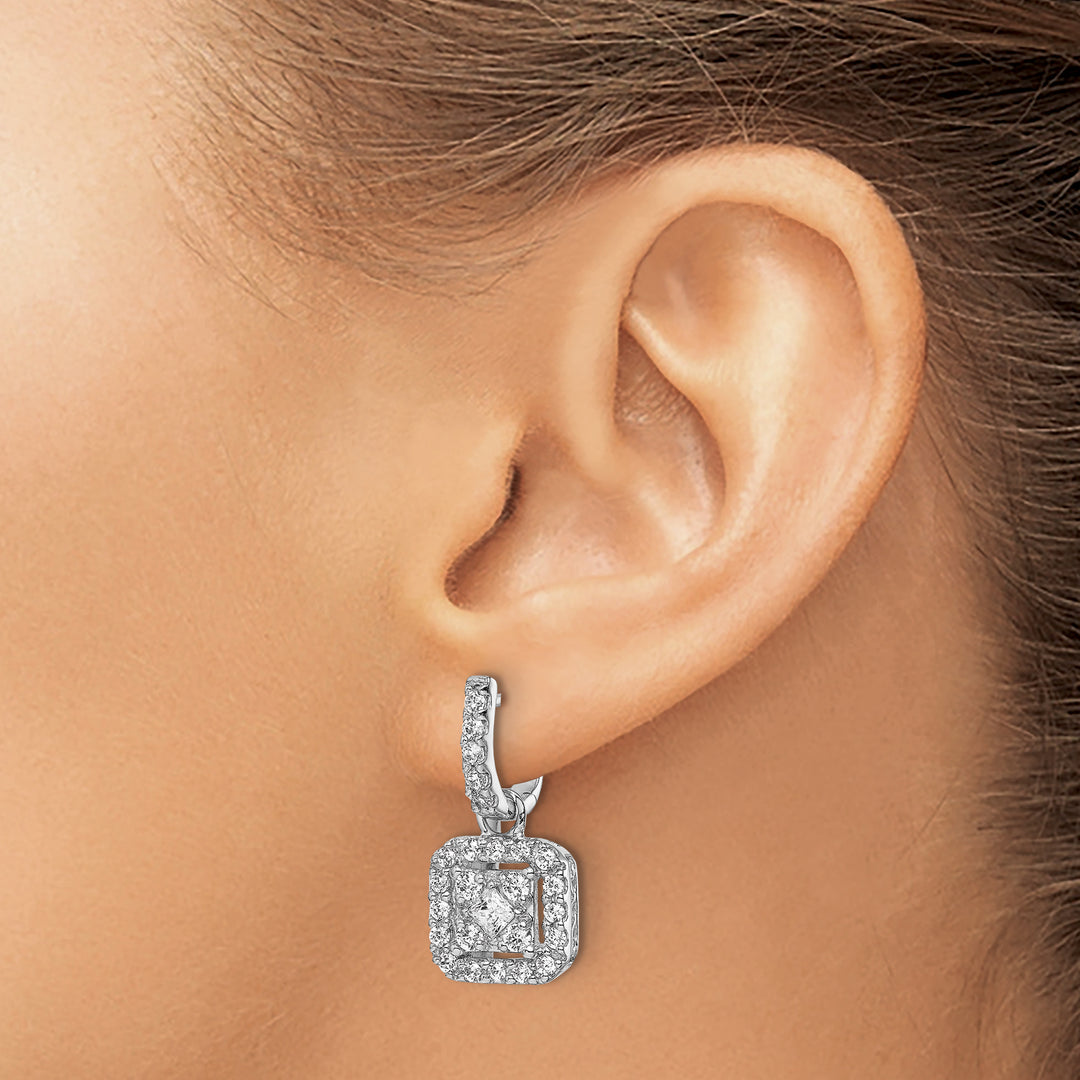 14k White Gold 7/8 CT Diamond Square Cluster Dangle Hinged Earrings