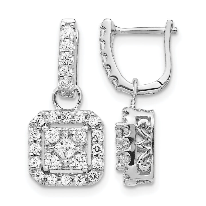 14k White Gold 7/8 CT Diamond Square Cluster Dangle Hinged Earrings