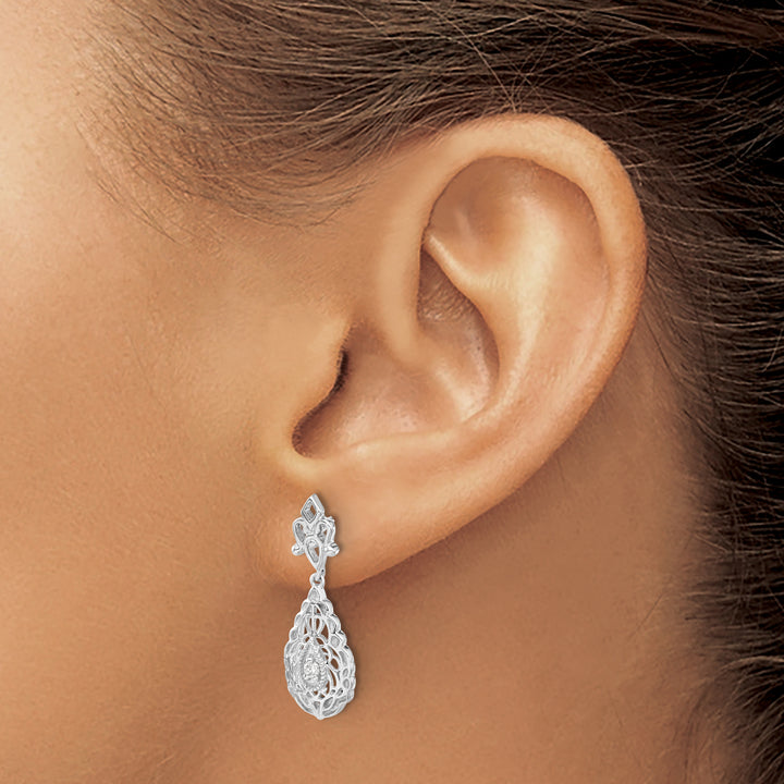 14k White Gold 1/20 CT Diamond Teardrop Vintage Dangle Post Earrings