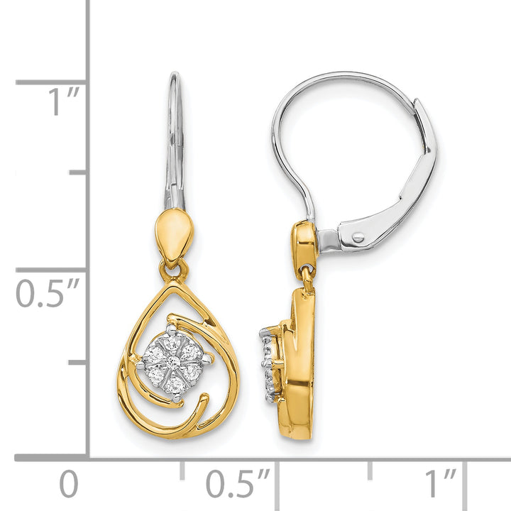 14k Two-tone 1/15 CT Diamond Teardrop Dangle Leverback Earrings