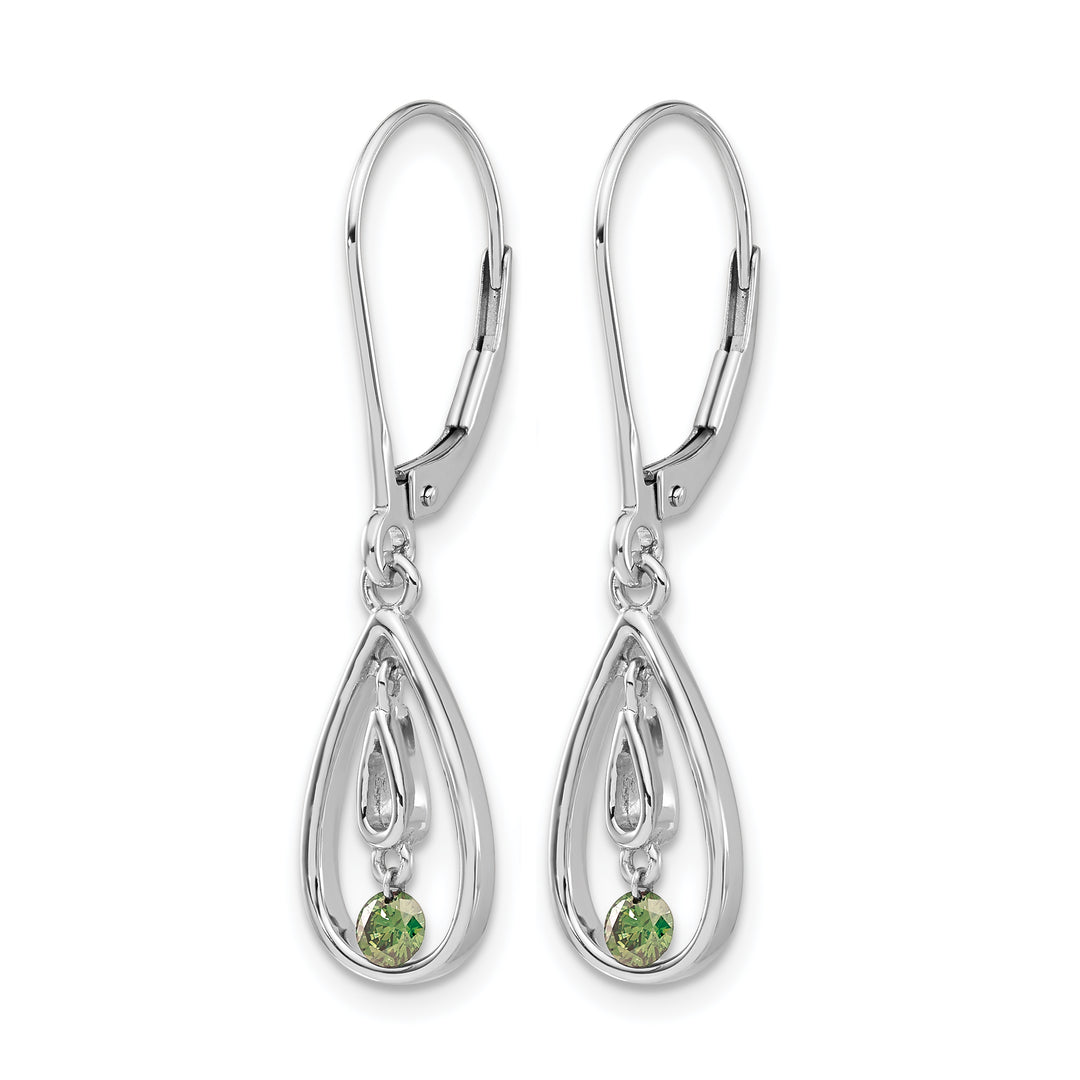 14k White Gold 1/8 CT Green Diamond Teardrop Leverback Earrings