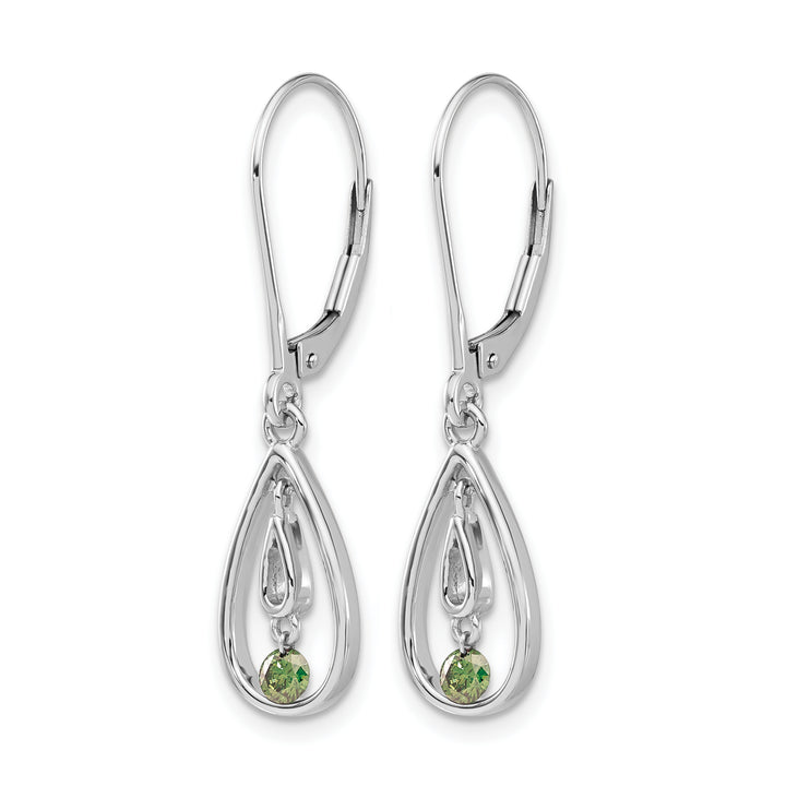 14k White Gold 1/8 CT Green Diamond Teardrop Leverback Earrings