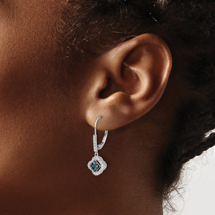 14k White Gold 3/8 CT White Blue Diamond Dangle Leverback Earrings