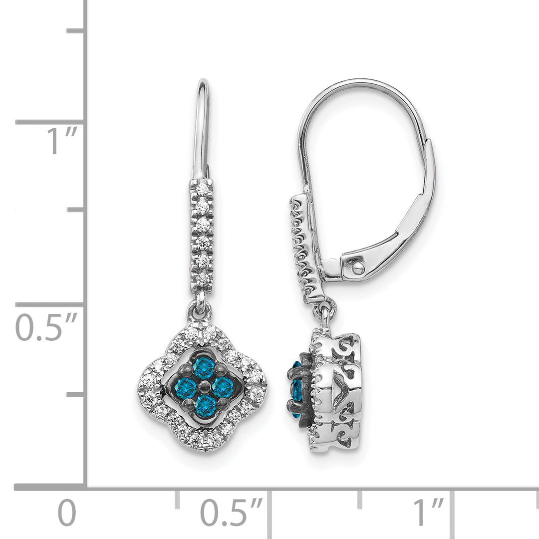 14k White Gold 3/8 CT White Blue Diamond Dangle Leverback Earrings