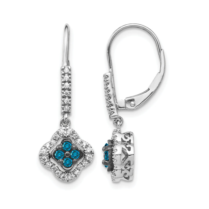 14k White Gold 3/8 CT White Blue Diamond Dangle Leverback Earrings