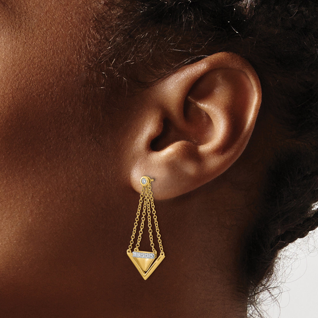 14k Yellow Gold 1/6 CT Diamond Triangle Chain Dangle Post Earrings
