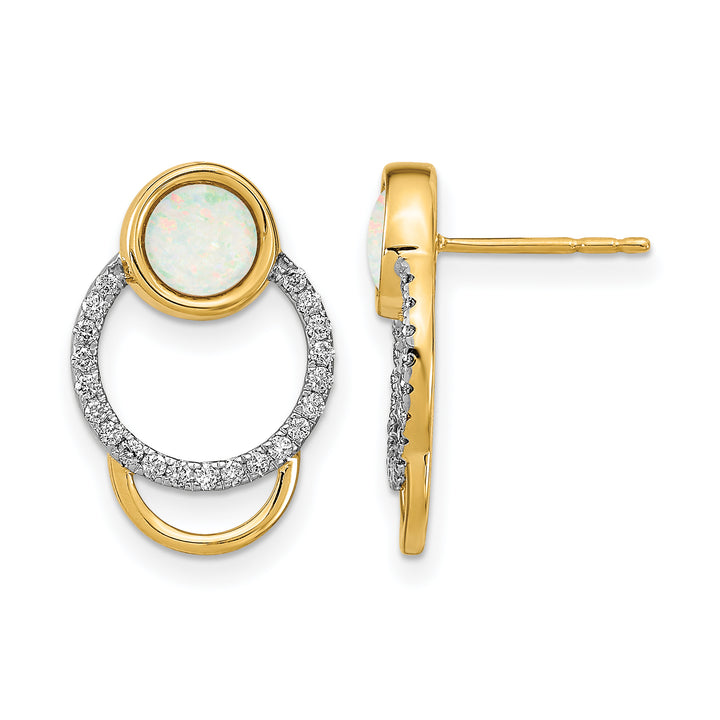 14k Yellow Gold Polished 1/5 CT Diamond and Opal Circle Post Earrings