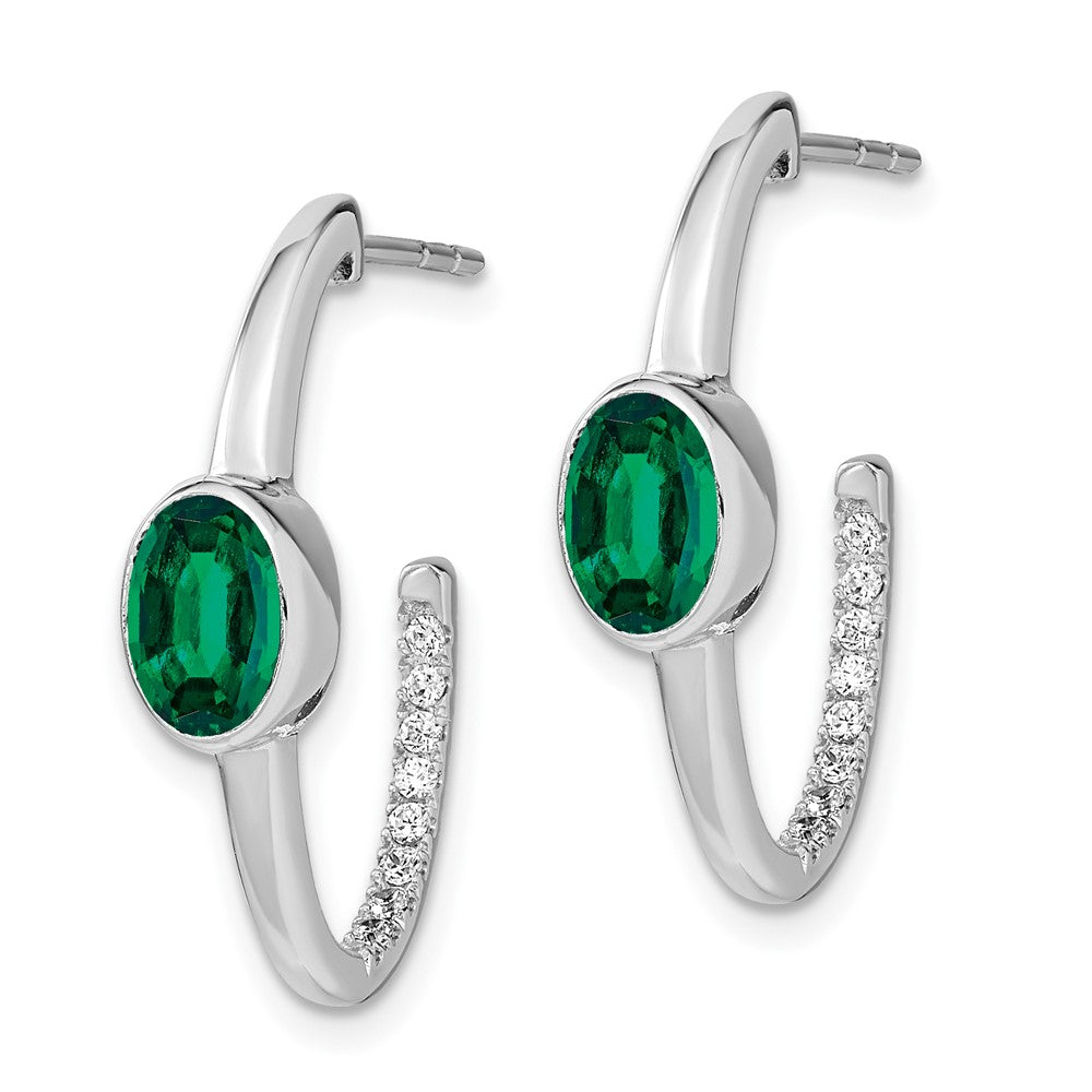 14K White Gold Oval Created Emerald and Diamond J-Hoop Post Earrings, view 2 of 4