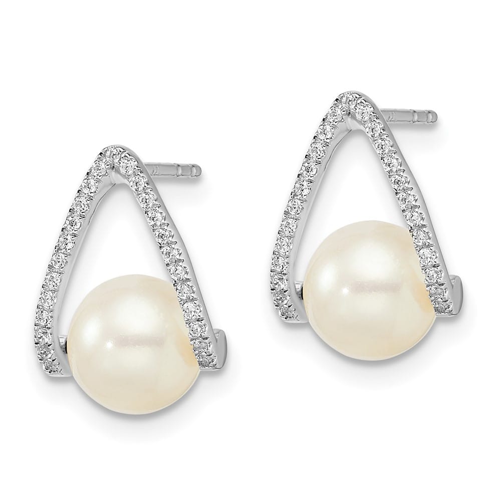 14K White Gold 6-7mm White Button Freshwater Pearl and .15 Earrings