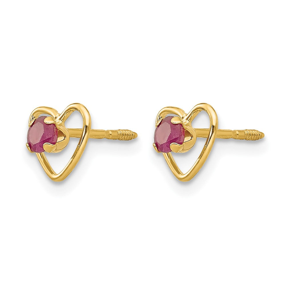 14K Yellow Gold Madi K 3mm Round Ruby Heart Screwback Post Earrings, view 2 of 5