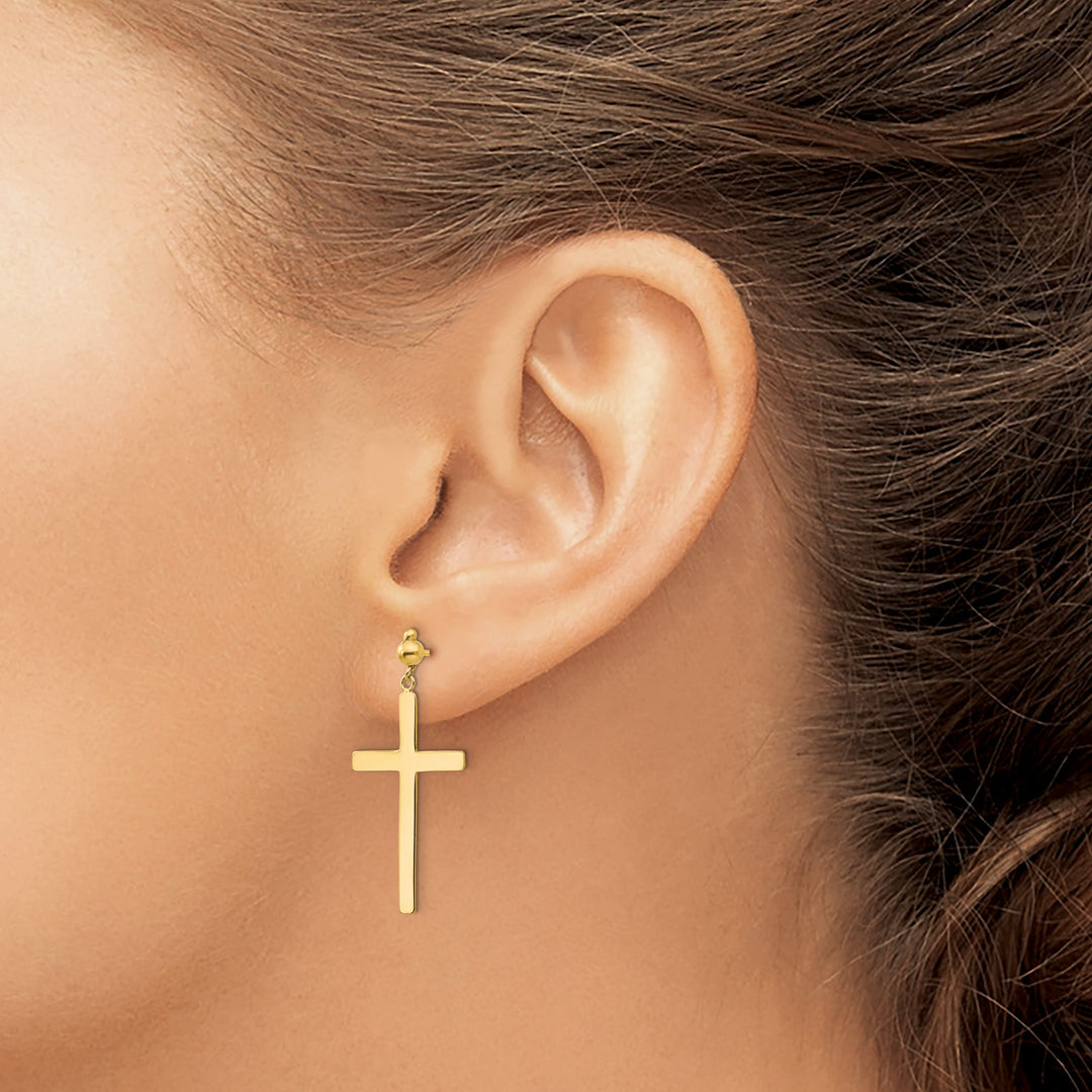 14K Yellow Gold Cross Dangle Post Earrings