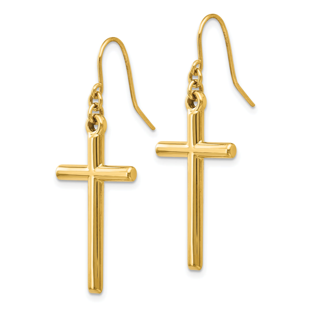 14K Yellow Gold Polished Cross Dangle French Hook Earrings