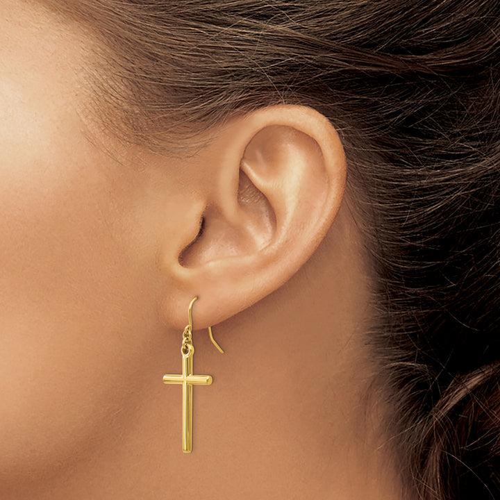 14K Yellow Gold Polished Cross Dangle French Hook Earrings