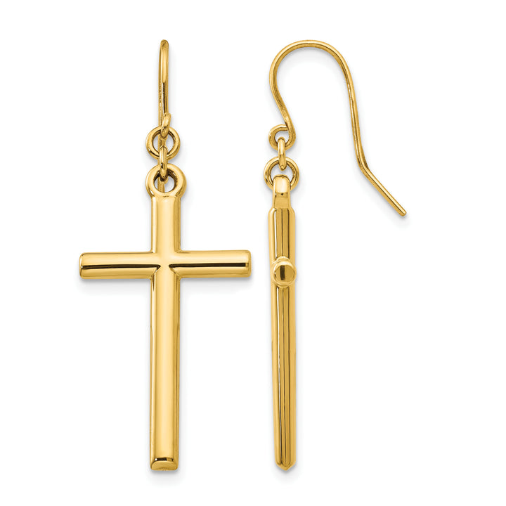 14K Yellow Gold Polished Cross Dangle French Hook Earrings