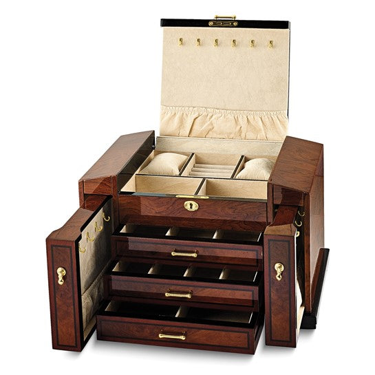 Bubinga Veneer with Elm Burl Inlay 3-drawer with Slide-out Sides Locking Wooden Jewelry Box