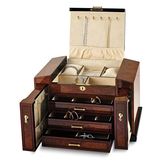 Bubinga Veneer with Elm Burl Inlay 3-drawer with Slide-out Sides Locking Wooden Jewelry Box