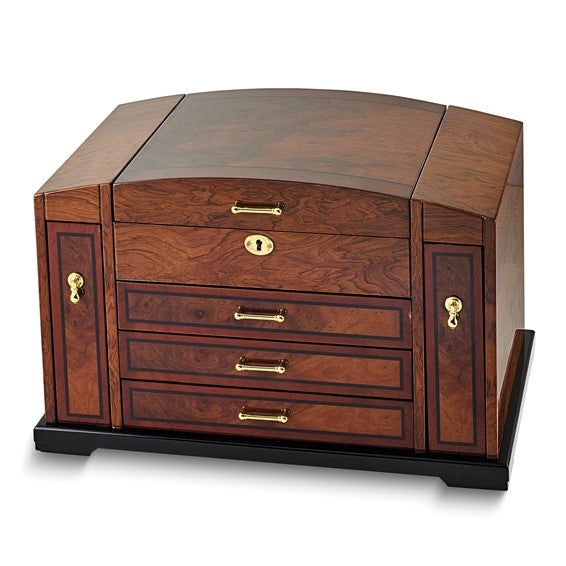 Bubinga Veneer with Elm Burl Inlay 3-drawer with Slide-out Sides Locking Wooden Jewelry Box