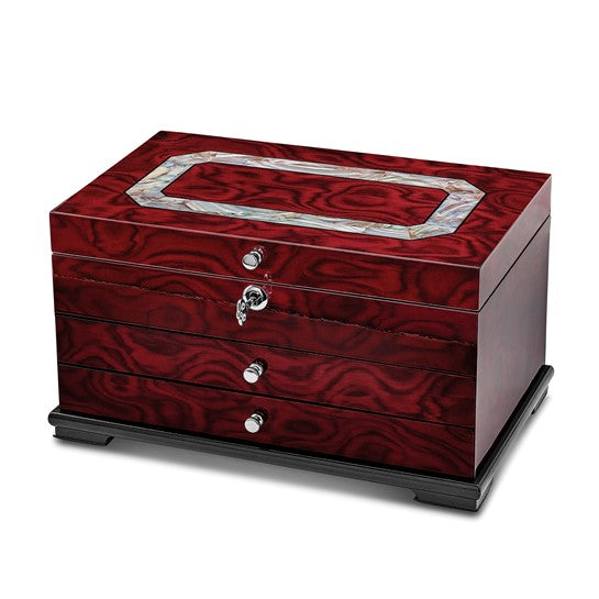 Luxury Giftware High Gloss Rosewood Veneer with Mother of Pearl Inlay 2-Drawer Velveteen Lining Locking Wooden Jewelry Box