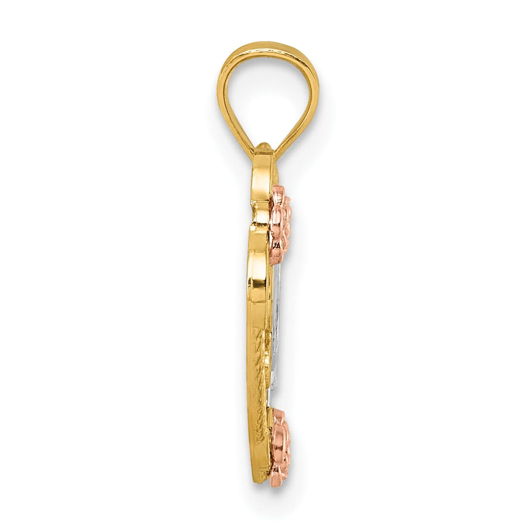 14K Two-Tone Gold Love Floral and Bird Heart Pendant