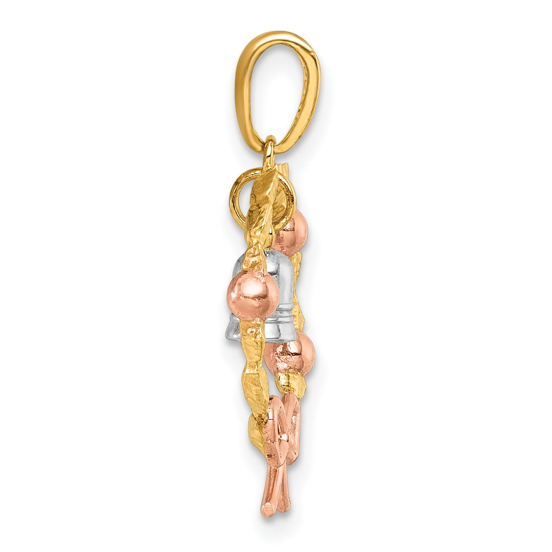 14k Two-tone Gold, Rose-plating Wreath With Dangle Bell Charm Pendant