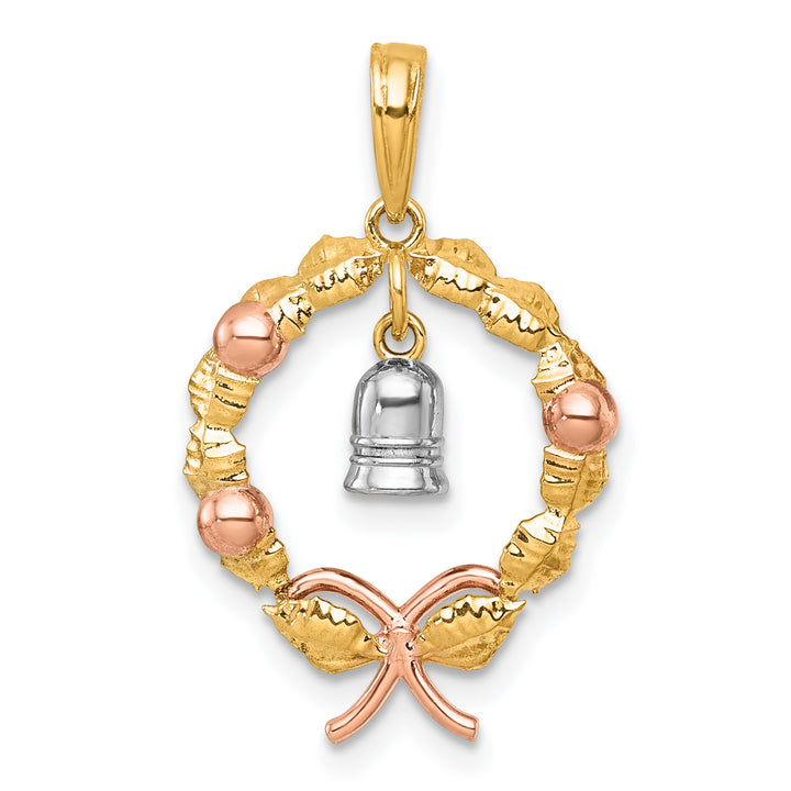 14k Two-tone Gold, Rose-plating Wreath With Dangle Bell Charm Pendant