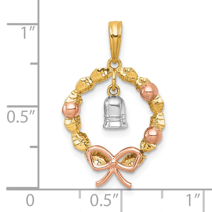 14k Two-tone Gold, Rose-plating Wreath With Dangle Bell Charm Pendant