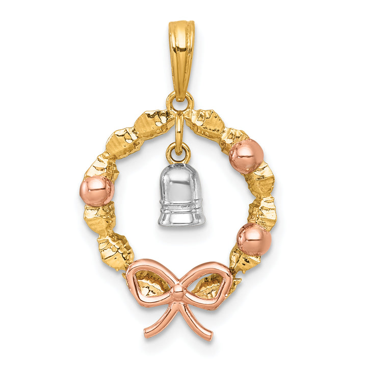 14k Two-tone Gold, Rose-plating Wreath With Dangle Bell Charm Pendant