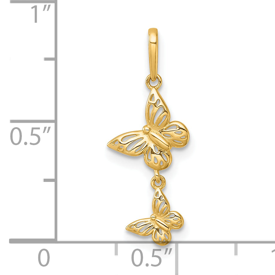 14k Yellow Gold Double Butterfly Dangle Charm Pendant