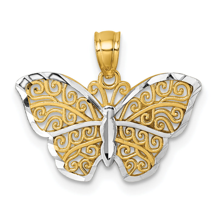 14k Yellow, White Gold Cut Out Filigree Wing Butterfly Pendant