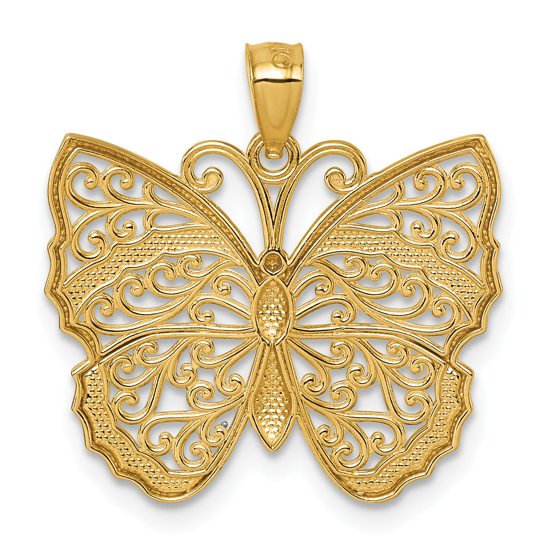 14k Two Tone Gold Textured Fancy Filigree Butterfly Pendant
